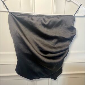 Zara size S, black‎ strapless top with ruched sides, side zip, criss cross hem